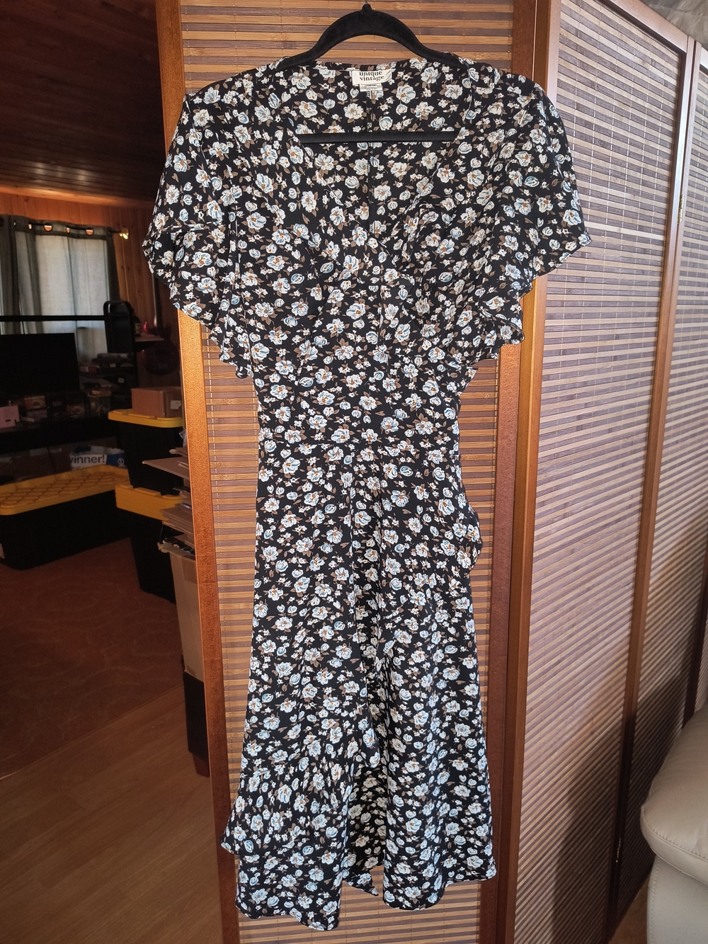 Unique Vintage Black Floral Midi Wrap Dress with White and Light Blue Flowers